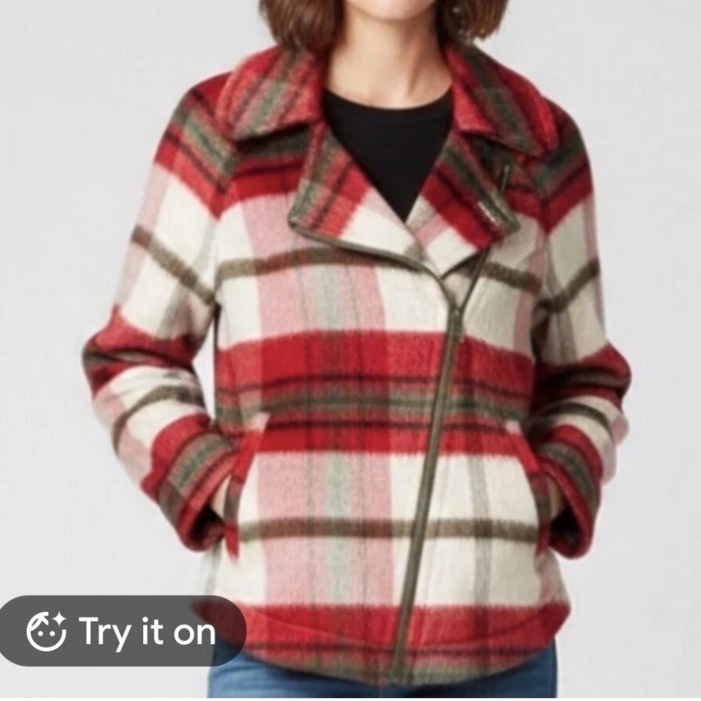 Cabi Fireside Moto Jacket Red Cream Plaid Asymmetrical Zip Knit Coat 3678 Med
